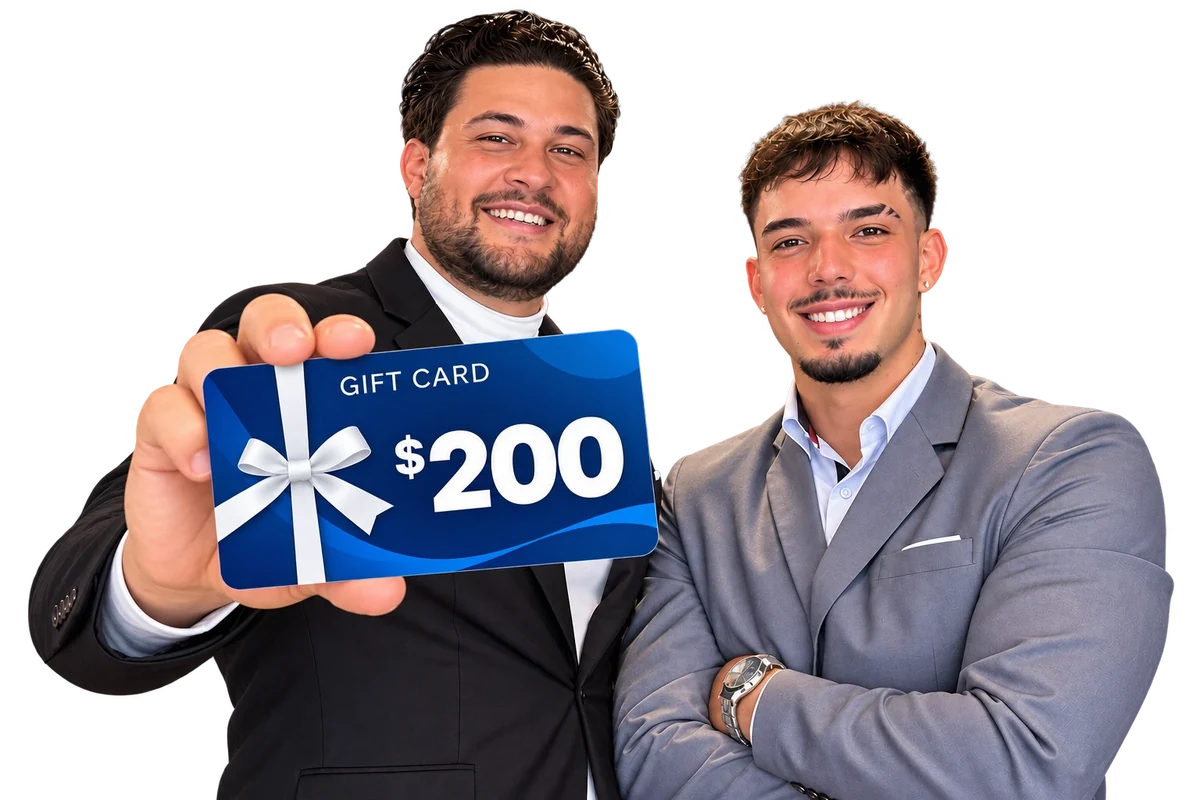 Town Crier team members smiling, one holding a $200 gift card